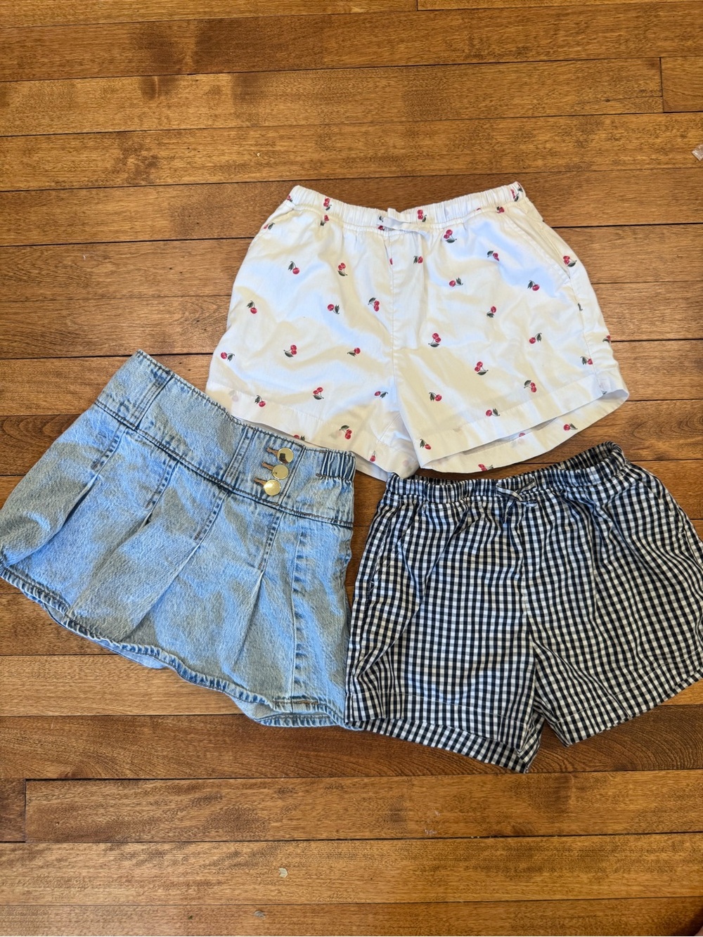 abercrombie kids White Cherry Print Shorts + Denim Skort + Black Gingham Shorts